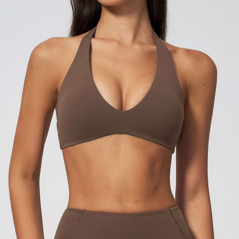Cross-border brushed yoga bra for women, halter neck, V-neck, beautiful back, fitness, shockproof, push-up, wire-free sports bra 5575