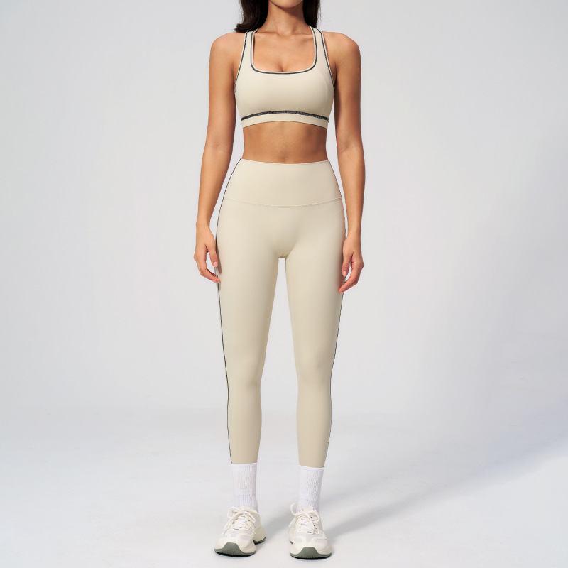 Cross-Border Contrasting Color Brushed Yoga Suit Zipper Slim Yoga Fitness Suit Casual Running Sports Three-Piece Set 2036