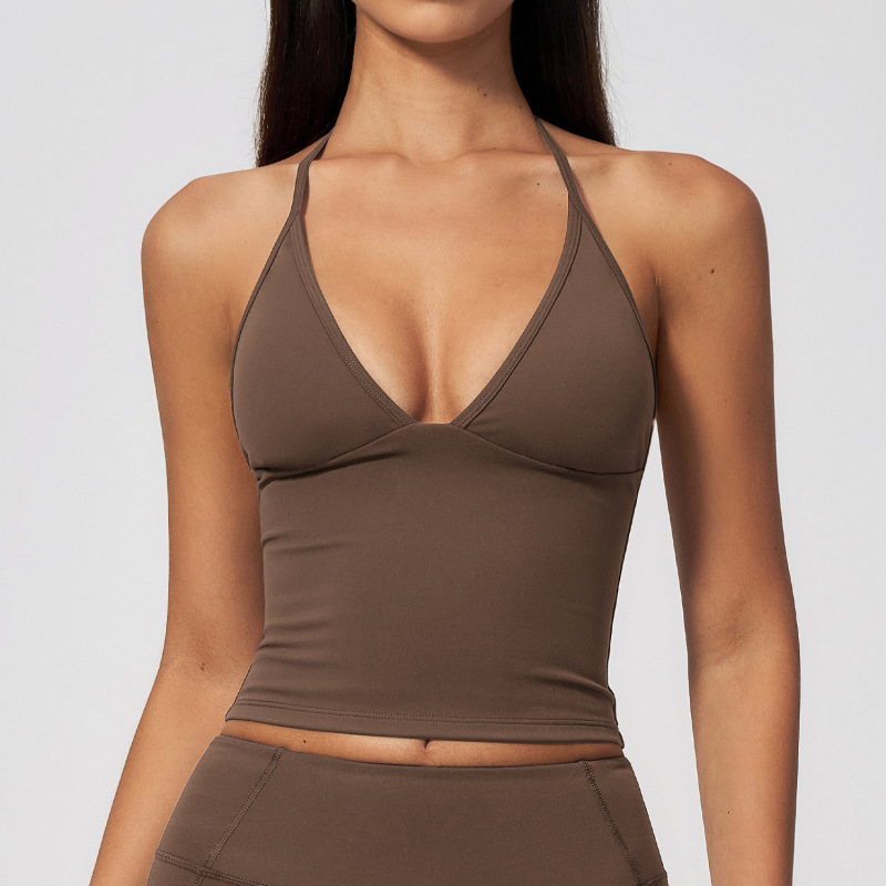 European and American style brushed sports vest halter neck open back deep V-neck slim fit beautiful back shaping fitness yoga vest women's 5575
