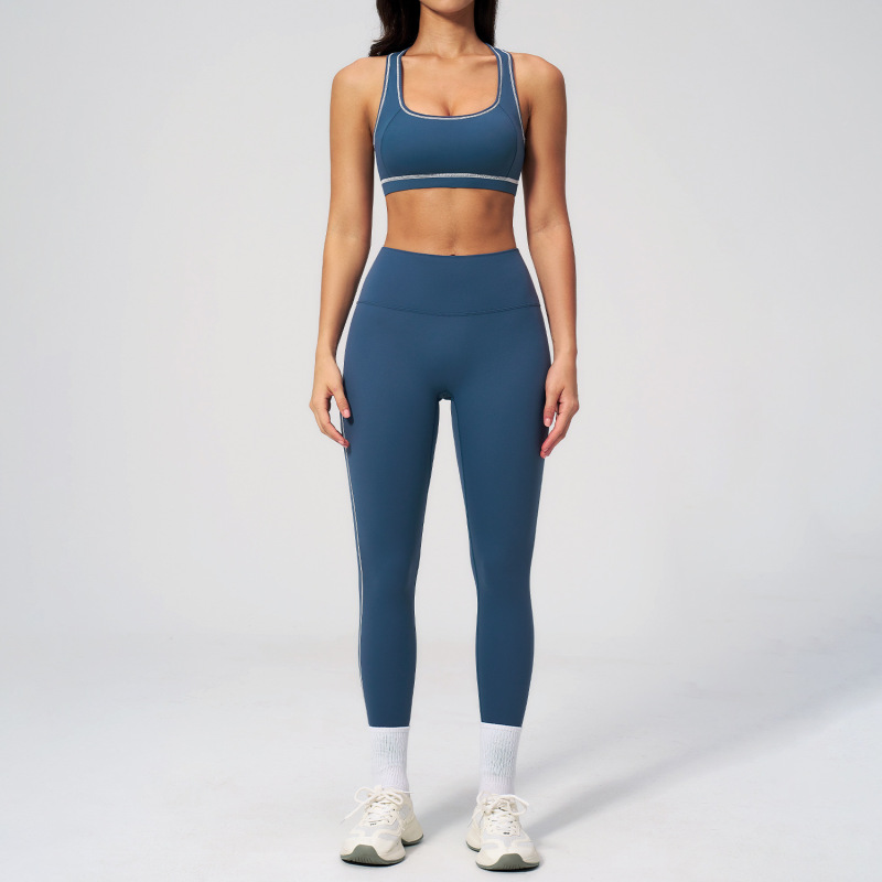 Cross-Border Contrasting Color Brushed Yoga Suit Zipper Slim Yoga Fitness Suit Casual Running Sports Three-Piece Set 2036