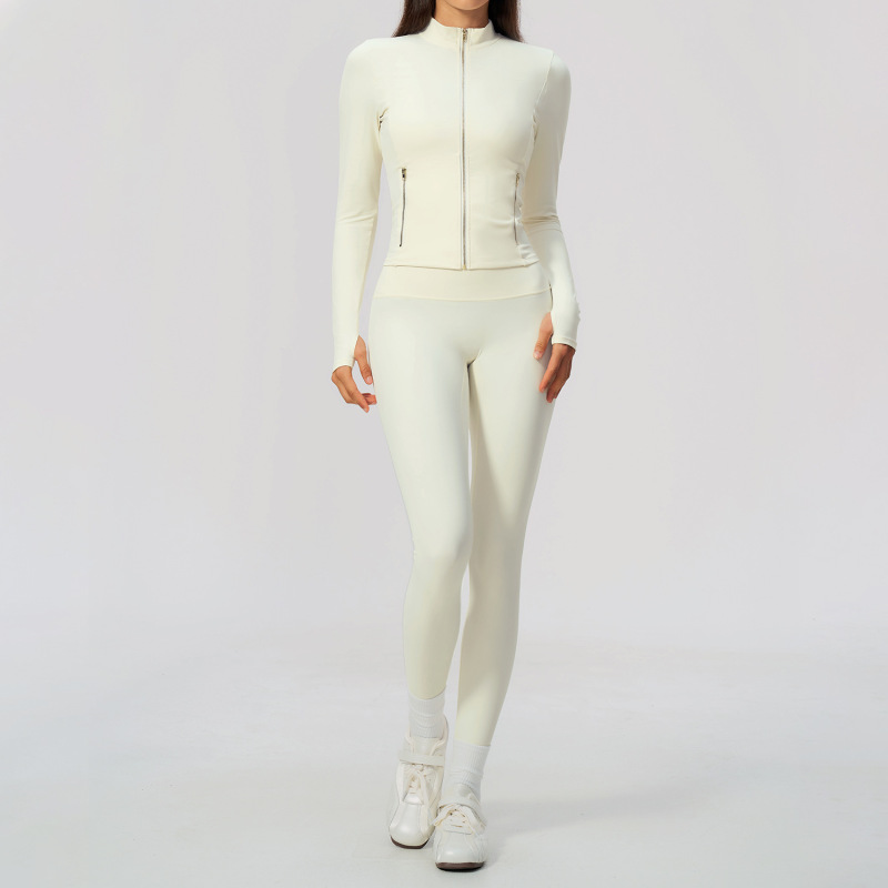 Slim-fit brushed yoga suit with stand-up collar, high-end slim fit fitness two-piece set for women, 5529