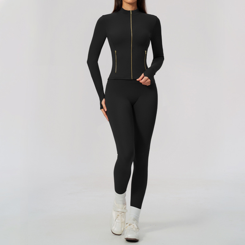 Slim-fit brushed yoga suit with stand-up collar, high-end slim fit fitness two-piece set for women, 5529