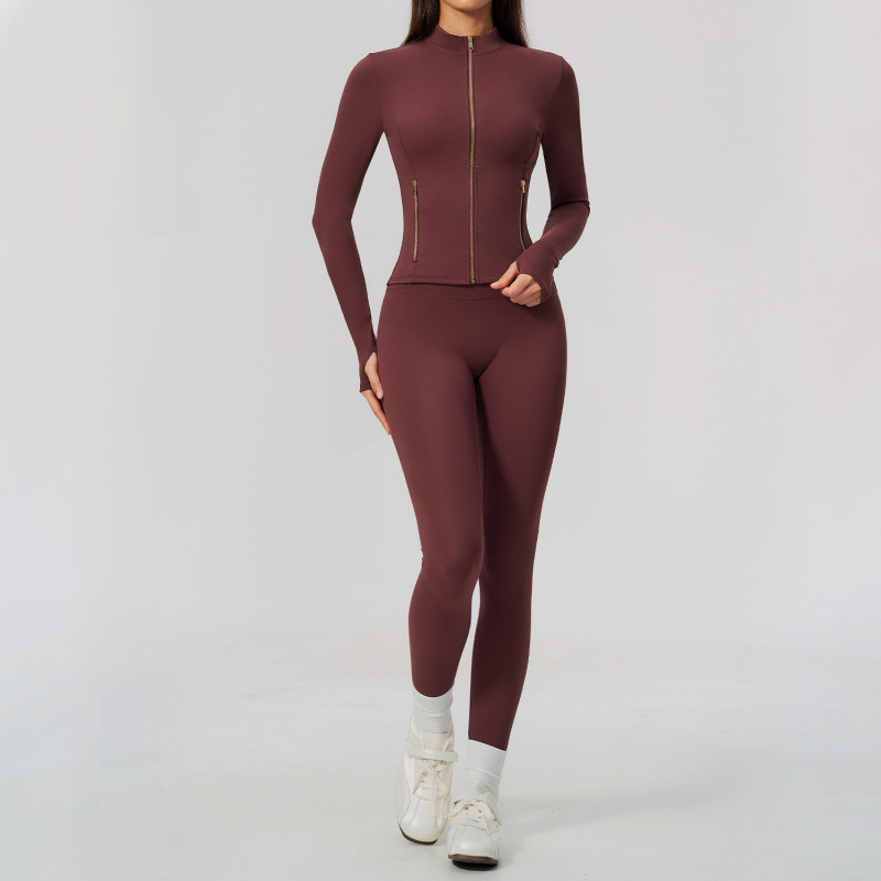 Slim-fit brushed yoga suit with stand-up collar, high-end slim fit fitness two-piece set for women, 5529