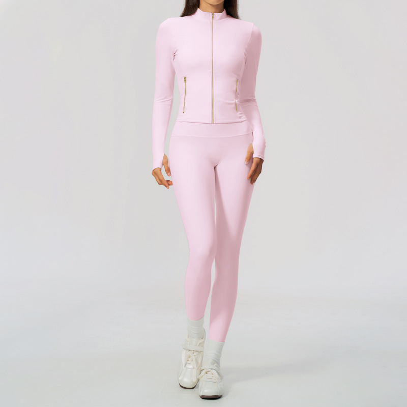Slim-fit brushed yoga suit with stand-up collar, high-end slim fit fitness two-piece set for women, 5529