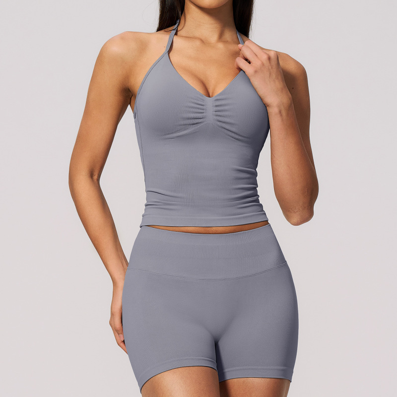New seamless Lycra fitness set for women, backless halter top, high elasticity, butt-lifting, quick-drying yoga set for women, 4535