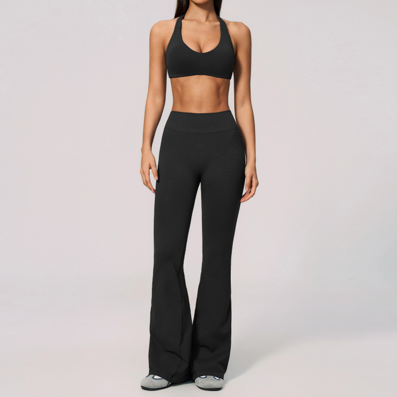 European and American style yoga set, backless halter neck, high elasticity, tummy control, hip lifting, casual sports fitness running two-piece set, women's 4535