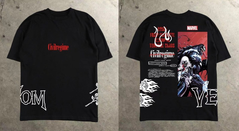 2025 Cross-border Abstract Cartoon Fashion Explosions Front and Back Printed Short-sleeved T-shirt Summer Trendy Brand Round Neck Men's Top
