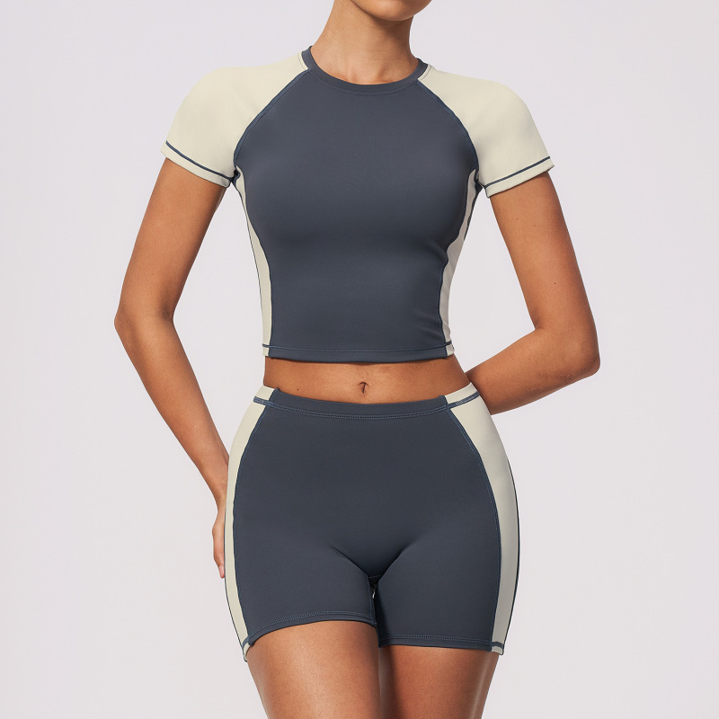 2026 Summer New Women's Yoga Suit Color Block Short Sports Pilates Training Running Fitness Suit Set 2567