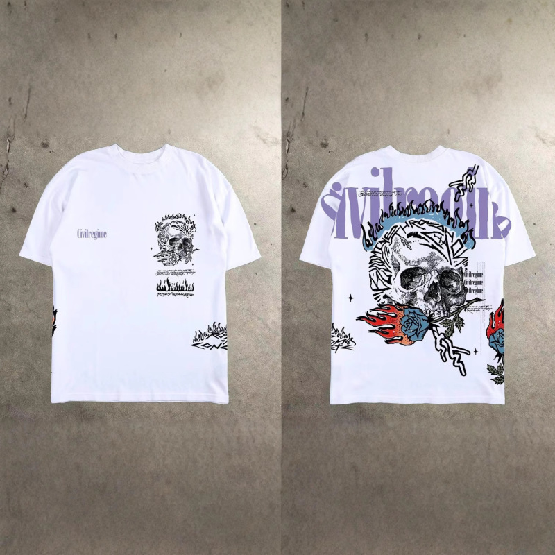 2025 Cross-border Abstract Cartoon Fashion Explosions Front and Back Printed Short-sleeved T-shirt Summer Trendy Brand Round Neck Men's Top