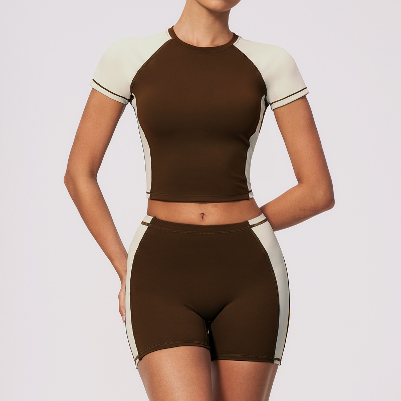 2026 Summer New Women's Yoga Suit Color Block Short Sports Pilates Training Running Fitness Suit Set 2567