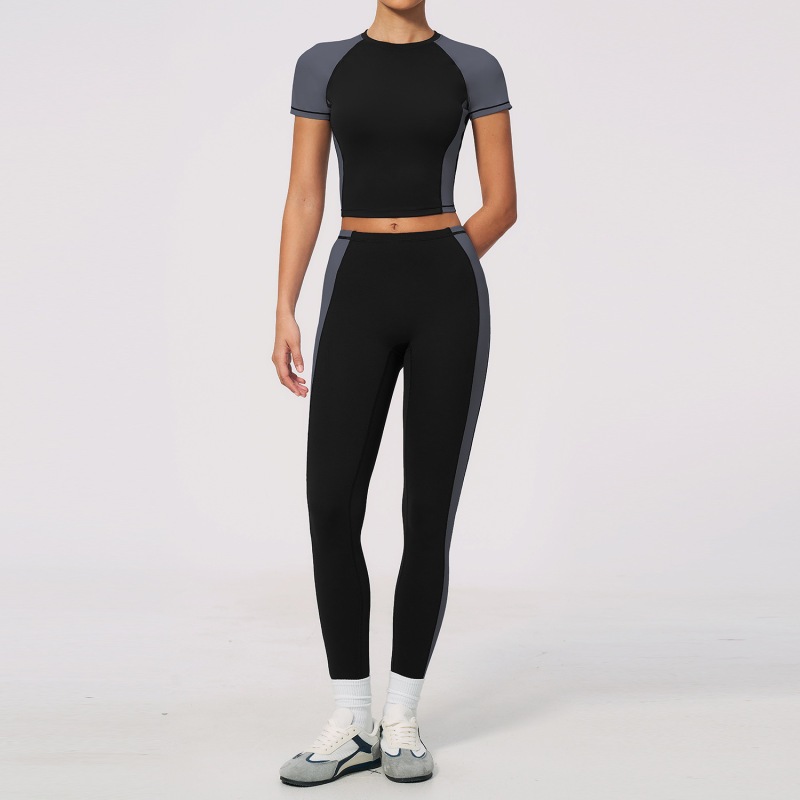 Zechuang Women's Naked Feel Yoga Set, Round Neck, Short Sleeve, High Waist, Long Pants, High Elasticity, Slim Fit, Sportswear 2567