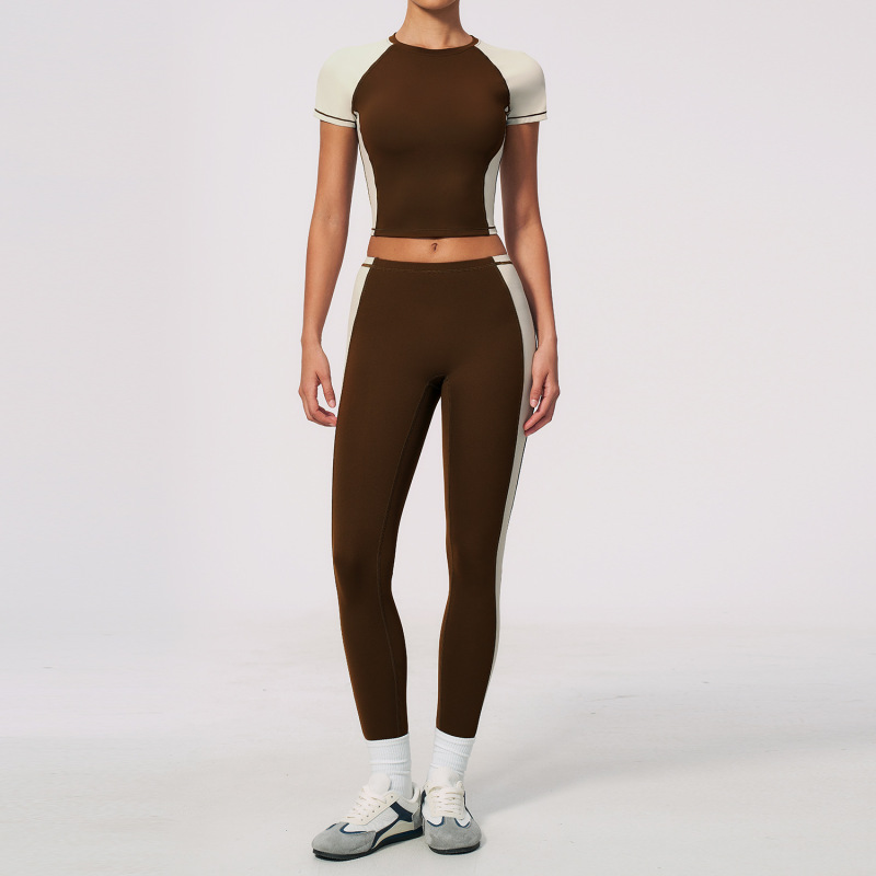 Zechuang Women's Naked Feel Yoga Set, Round Neck, Short Sleeve, High Waist, Long Pants, High Elasticity, Slim Fit, Sportswear 2567