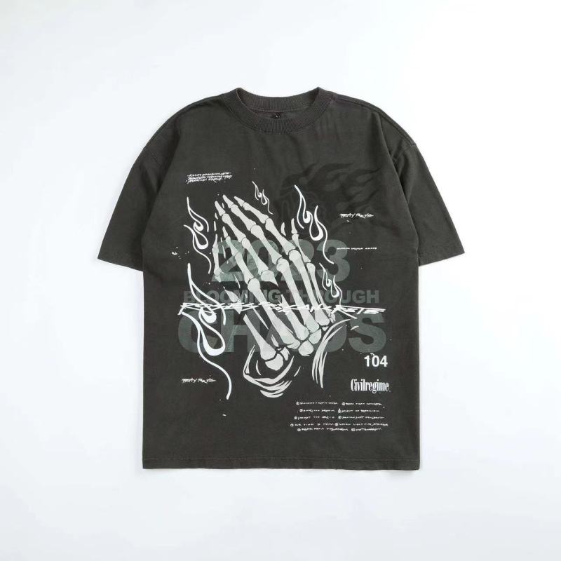 2025 Cross-border Abstract Cartoon Fashion Explosions Front and Back Printed Short-sleeved T-shirt Summer Trendy Brand Round Neck Men's Top