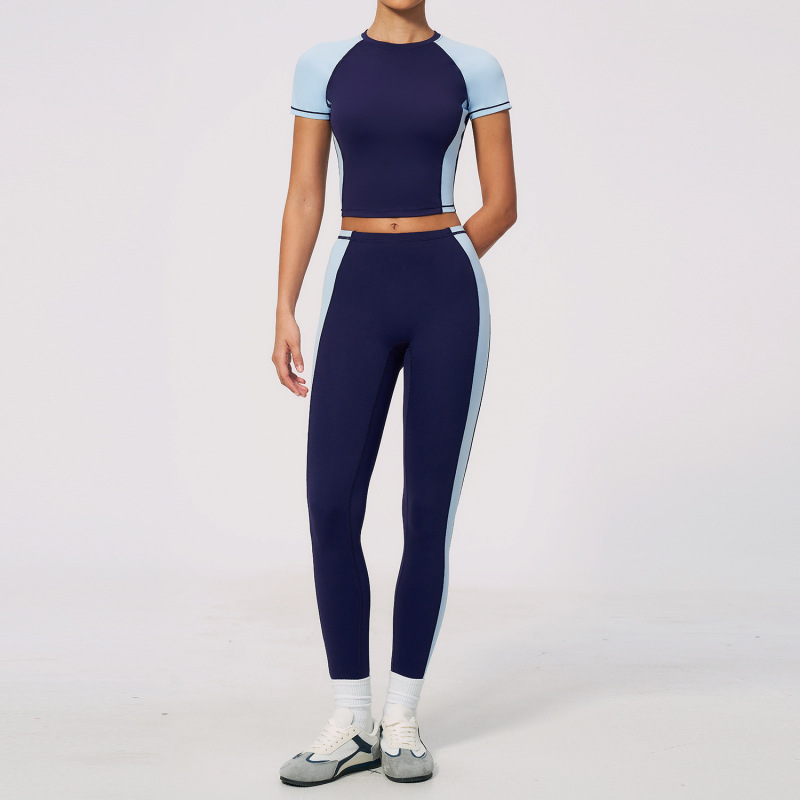Zechuang Women's Naked Feel Yoga Set, Round Neck, Short Sleeve, High Waist, Long Pants, High Elasticity, Slim Fit, Sportswear 2567