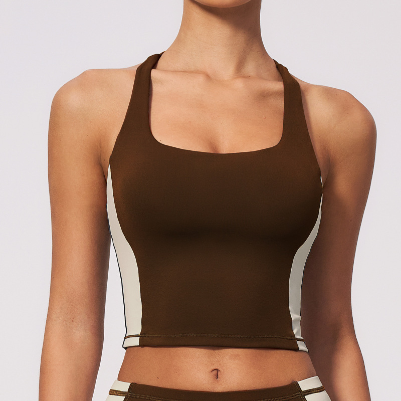 New nude-feel sports vest with color blocking, stretchy and slimming design, suitable for running, training, and yoga. (2567)