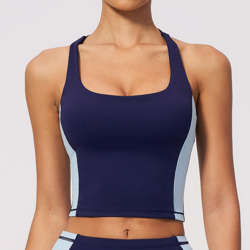 New nude-feel sports vest with color blocking, stretchy and slimming design, suitable for running, training, and yoga. (2567)
