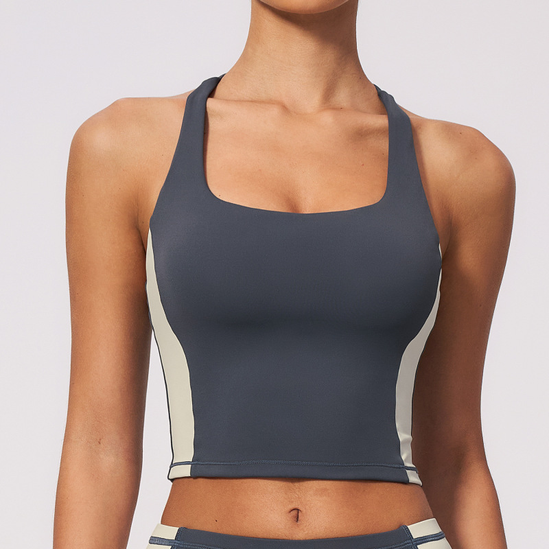 New nude-feel sports vest with color blocking, stretchy and slimming design, suitable for running, training, and yoga. (2567)