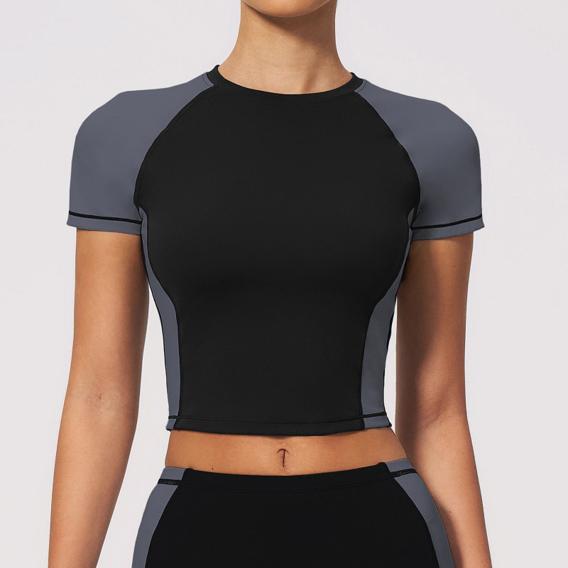 Color-blocked sports top, quick-drying, tight-fitting, short-sleeved, yoga, outdoor running, fashionable fitness top 2567
