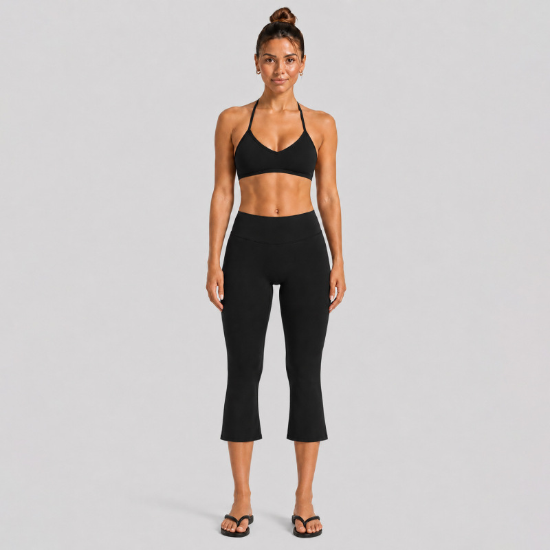 Cross-border fitness set, halter neck, backless sports bra, quick-drying, outdoor running, sports, yoga, capri pants set for women.