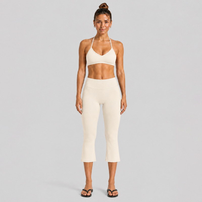 Cross-border fitness set, halter neck, backless sports bra, quick-drying, outdoor running, sports, yoga, capri pants set for women.