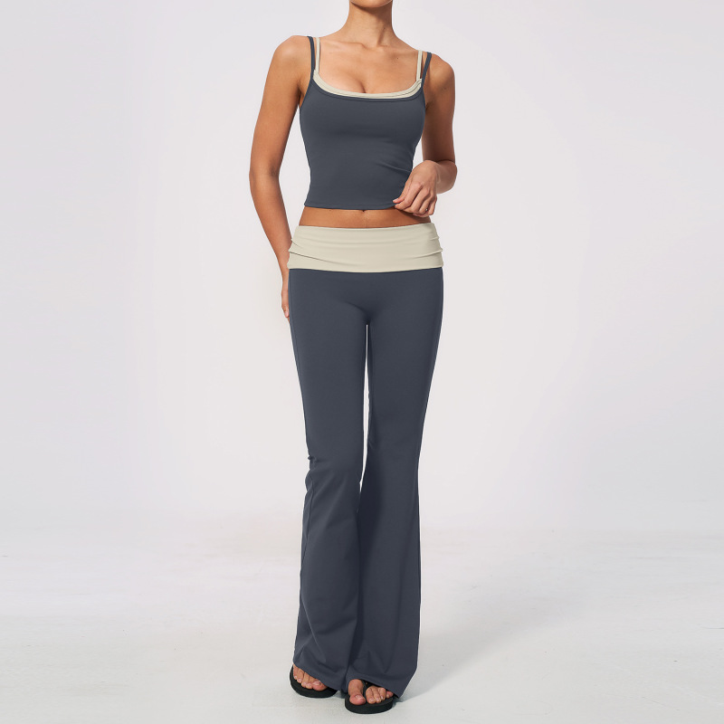 Cross-border European and American style sports vest and trousers fitness wear, bare-skin high-waisted tummy control, hip lifting and waist-lifting yoga outfit set 2570
