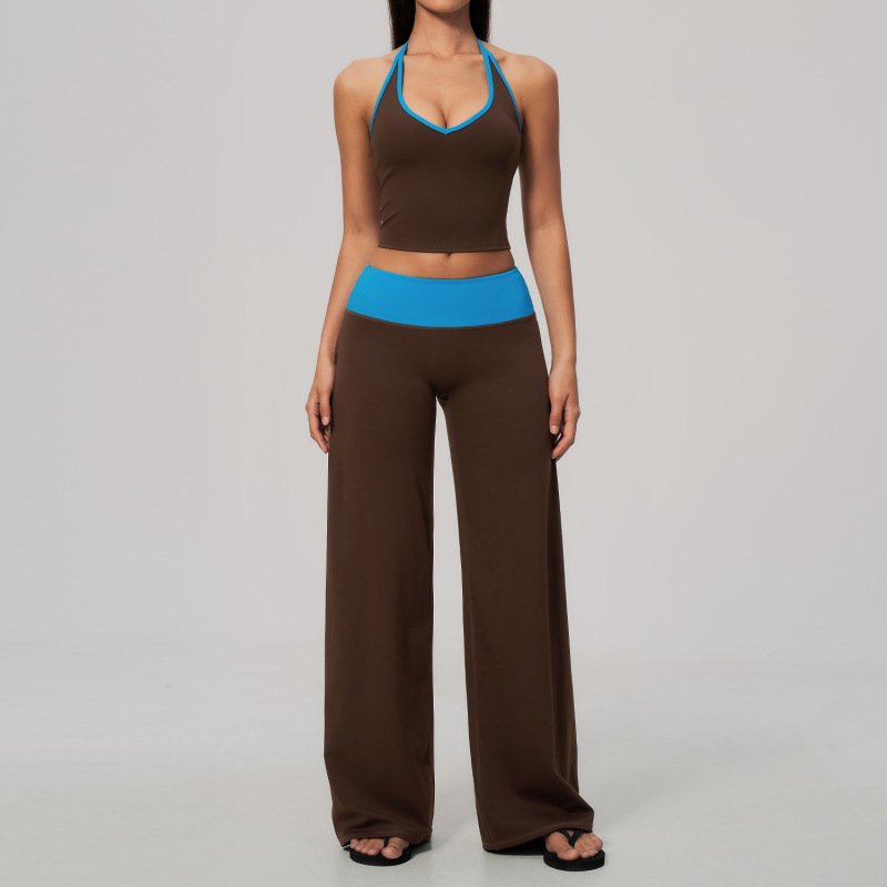 Zechuang New Style Brushed Yoga Suit Set Halter Neck Color Block High Waist Tummy Control and Hip Lifting Sports Quick-Drying Fitness Suit 9639