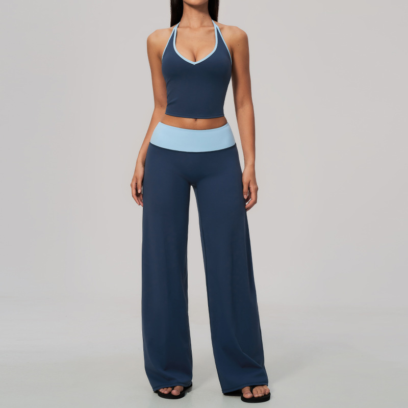 Zechuang New Style Brushed Yoga Suit Set Halter Neck Color Block High Waist Tummy Control and Hip Lifting Sports Quick-Drying Fitness Suit 9639