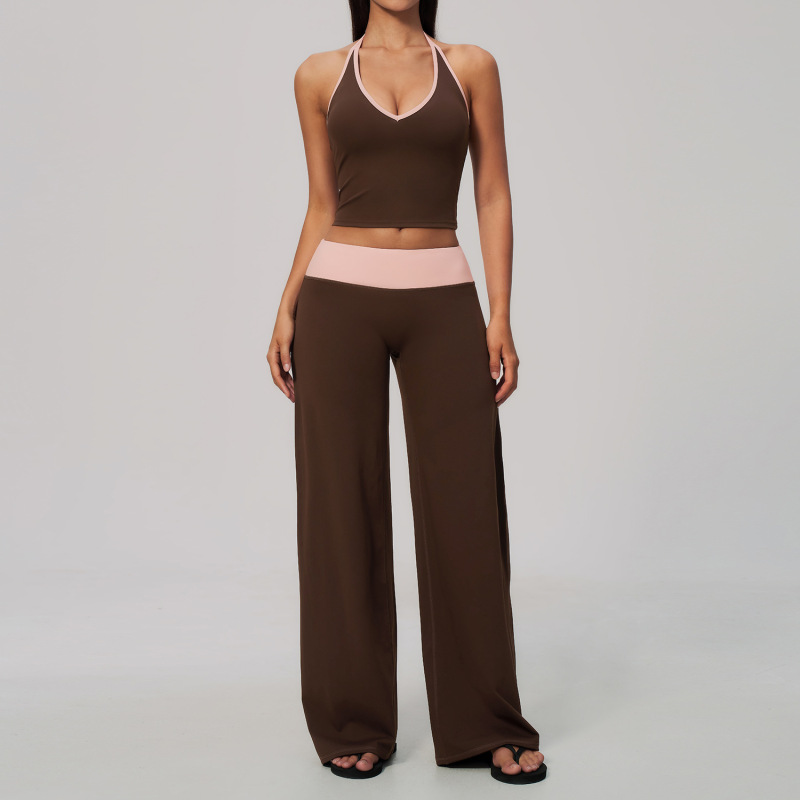 Zechuang New Style Brushed Yoga Suit Set Halter Neck Color Block High Waist Tummy Control and Hip Lifting Sports Quick-Drying Fitness Suit 9639