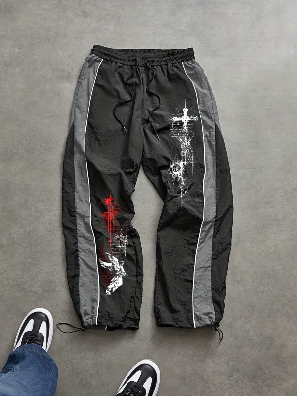 European and American style men's side-panel drawstring quick-drying casual pants for autumn and summer, suitable for outdoor sports, hiking, loose fit, and printed.