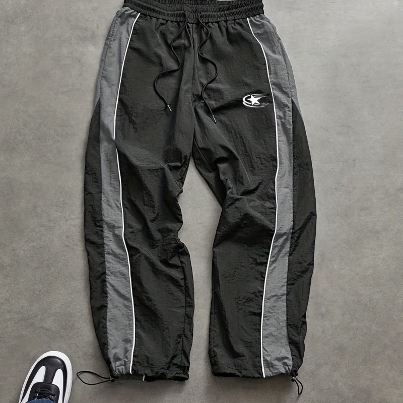 European and American style men's side-panel drawstring quick-drying casual pants for autumn and summer, suitable for outdoor sports, hiking, loose fit, and printed.