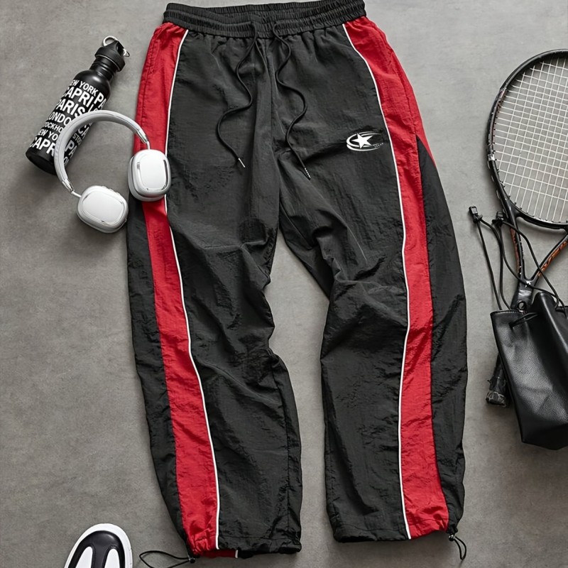 European and American style men's side-panel drawstring quick-drying casual pants for autumn and summer, suitable for outdoor sports, hiking, loose fit, and printed.