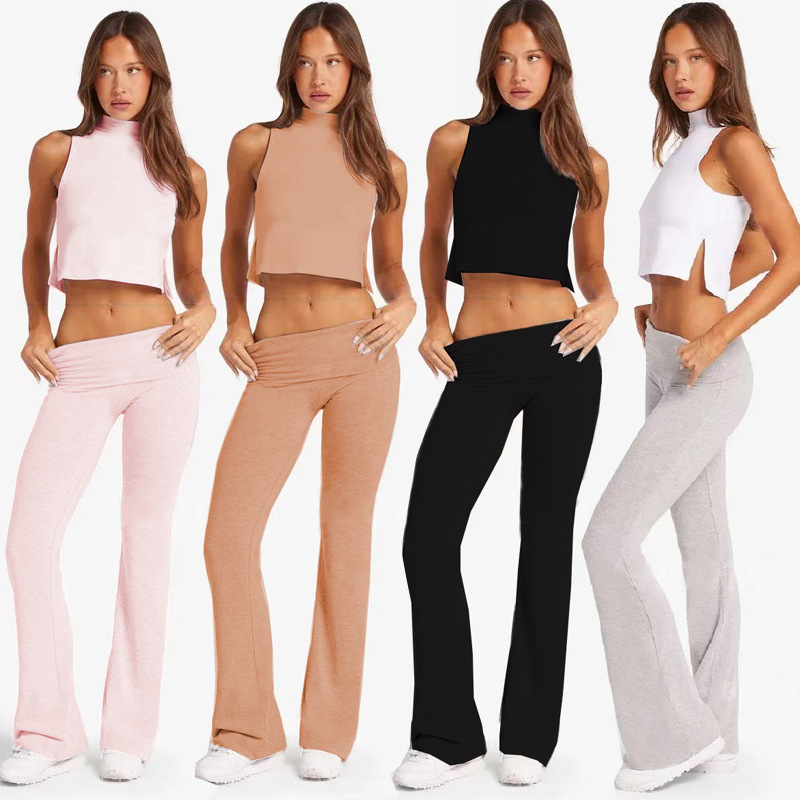 Amazon cross-border e-commerce women's yoga set, high-waisted collared quick-drying training flared pants