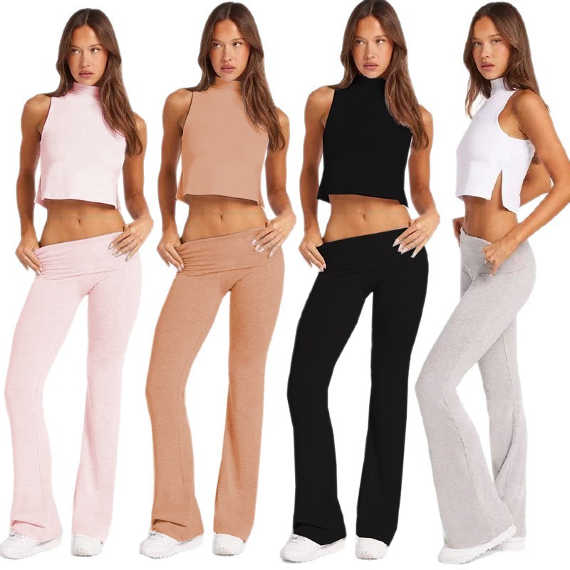 Amazon cross-border e-commerce women's yoga set, high-waisted collared quick-drying training flared pants