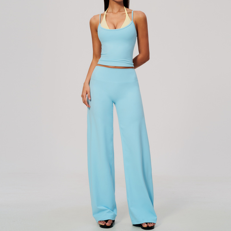 New cross-border brushed yoga outfit with color blocking halter neck strap, faux two-piece design, high elasticity, breathable and quick-drying sportswear set, 2585
