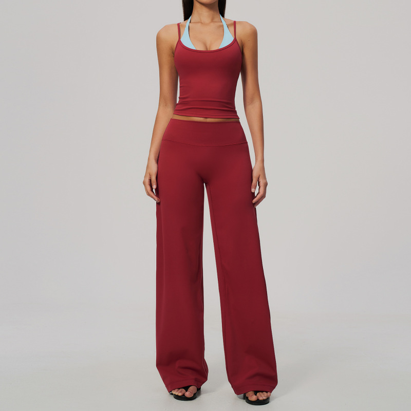 New cross-border brushed yoga outfit with color blocking halter neck strap, faux two-piece design, high elasticity, breathable and quick-drying sportswear set, 2585