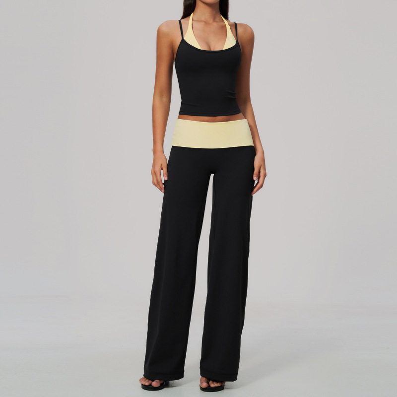 New brushed yoga dress with halter neck, two-piece design, color blocking, high elasticity, breathable, quick-drying, sportswear for women, size 2585