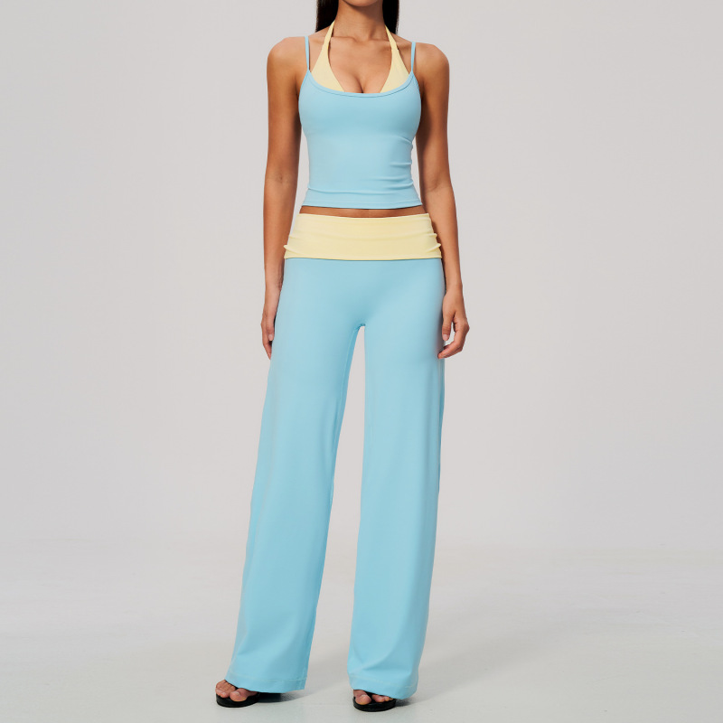 New brushed yoga dress with halter neck, two-piece design, color blocking, high elasticity, breathable, quick-drying, sportswear for women, size 2585