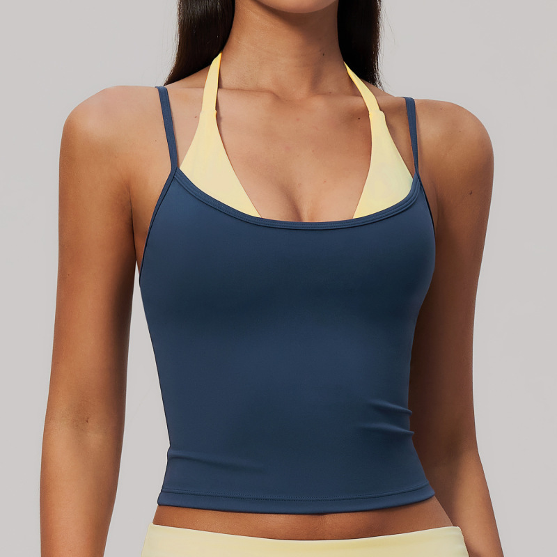 Cross-border European and American style color-blocked sports vest with halter neck and multiple shoulder straps for outdoor running, fitness, and yoga 2585