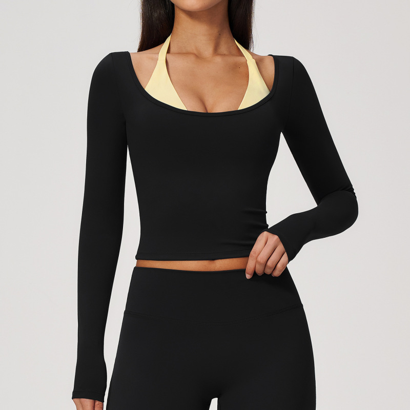 New Faux Two-Piece Yoga Top with Halter Neck, Fitted, Slim Fit, Quick-Drying, Breathable, Long-Sleeved, Fitness Wear 2585
