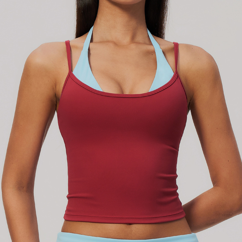 Cross-border European and American style color-blocked sports vest with halter neck and multiple shoulder straps for outdoor running, fitness, and yoga 2585