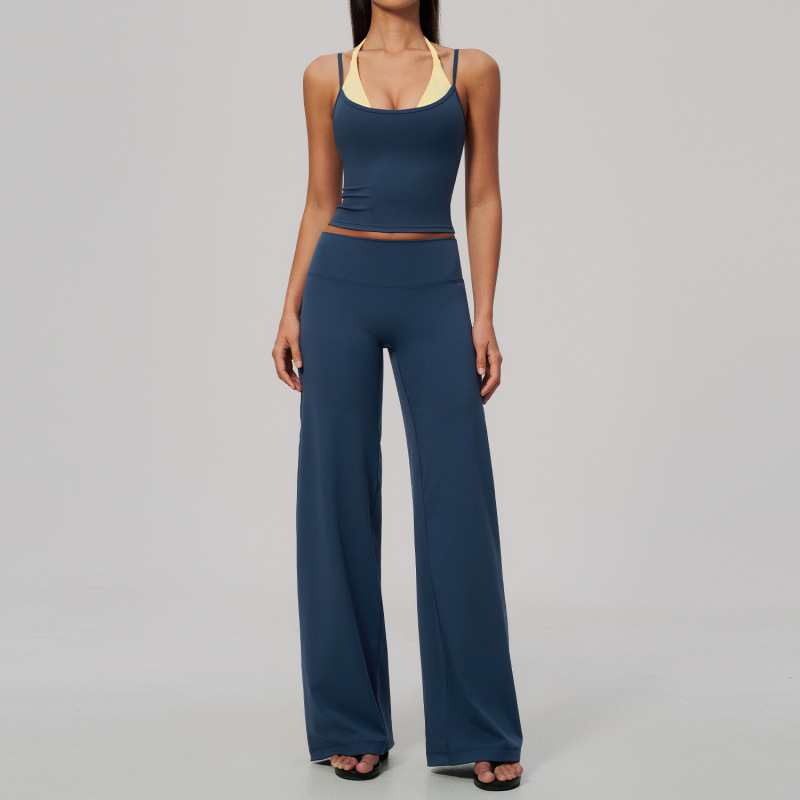 New cross-border brushed yoga outfit with color blocking halter neck strap, faux two-piece design, high elasticity, breathable and quick-drying sportswear set, 2585