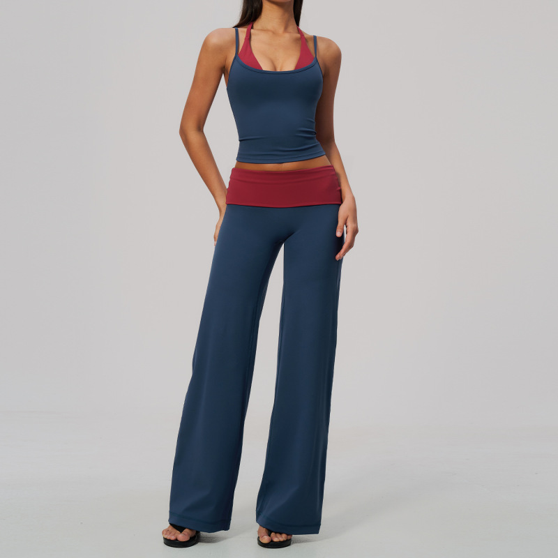 New brushed yoga dress with halter neck, two-piece design, color blocking, high elasticity, breathable, quick-drying, sportswear for women, size 2585