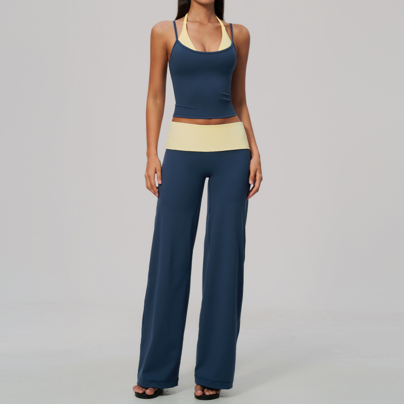 New brushed yoga dress with halter neck, two-piece design, color blocking, high elasticity, breathable, quick-drying, sportswear for women, size 2585