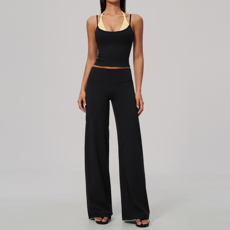 New cross-border brushed yoga outfit with color blocking halter neck strap, faux two-piece design, high elasticity, breathable and quick-drying sportswear set, 2585