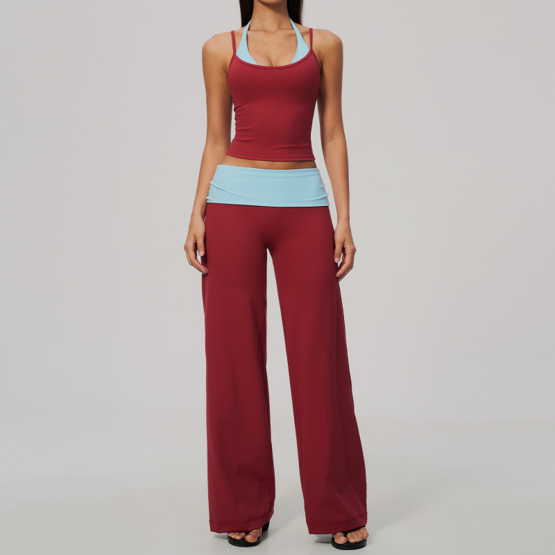 New brushed yoga dress with halter neck, two-piece design, color blocking, high elasticity, breathable, quick-drying, sportswear for women, size 2585