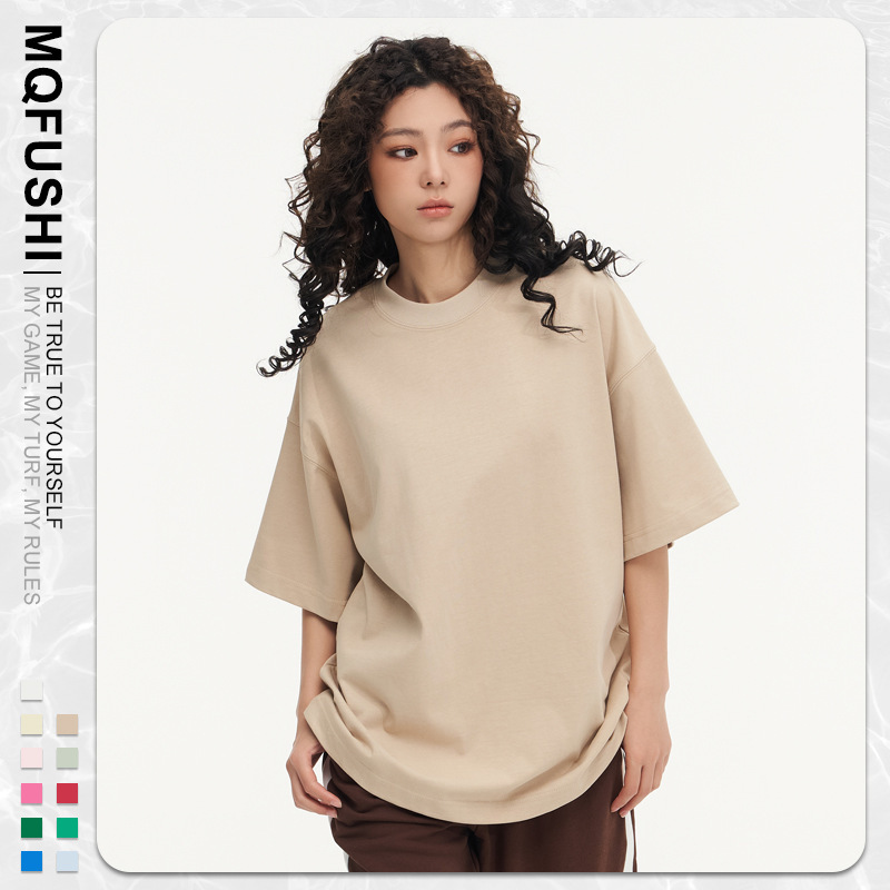 350g Heavyweight Crew Neck White T-Shirt, European Size, Short Sleeve, Logo Print, Plus Size, Men's Sports Casual Innerwear
