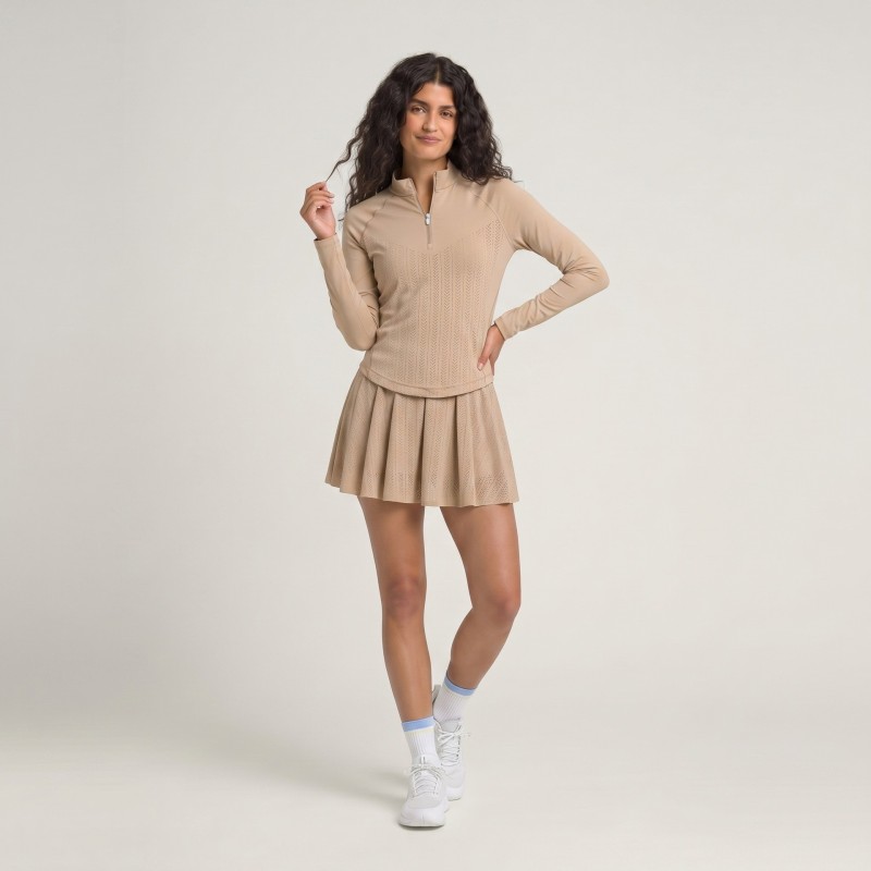 Laser Perforated Breathable Tennis Top for Women, Half-Zip Stand-Up Collar Long-Sleeved Quick-Drying Shirt, Golf Badminton Sports T-Shirt