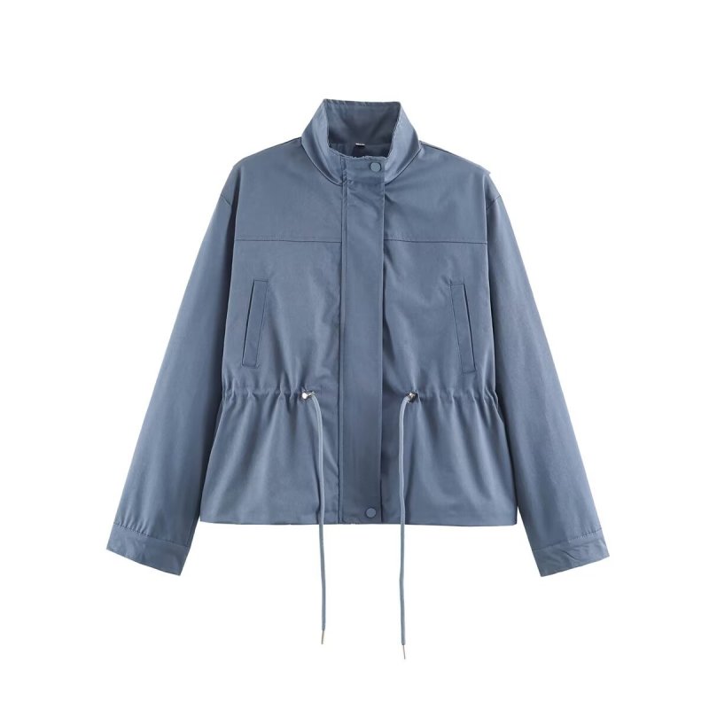 PB&ZA cross-border European and American style foreign trade women's clothing new fashion versatile solid color drawstring waist stand-up collar jacket