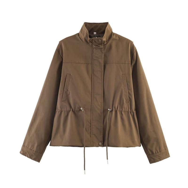 PB&ZA cross-border European and American style foreign trade women's clothing new fashion versatile solid color drawstring waist stand-up collar jacket
