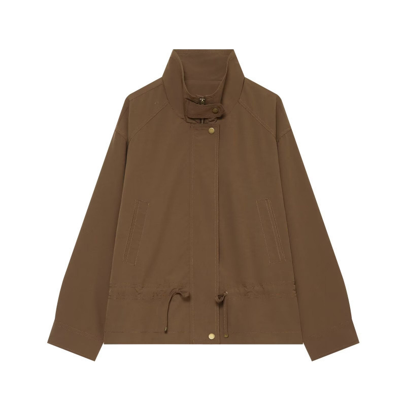 European and American style new women's fashion workwear-style stand-up collar pleated silhouette trench coat